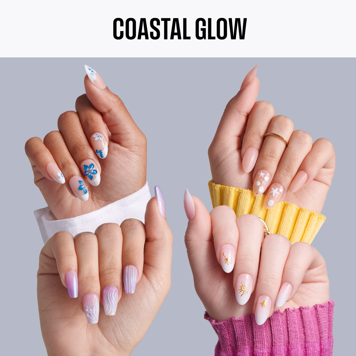 Two hands with various nail designs on a gray background, labeled &