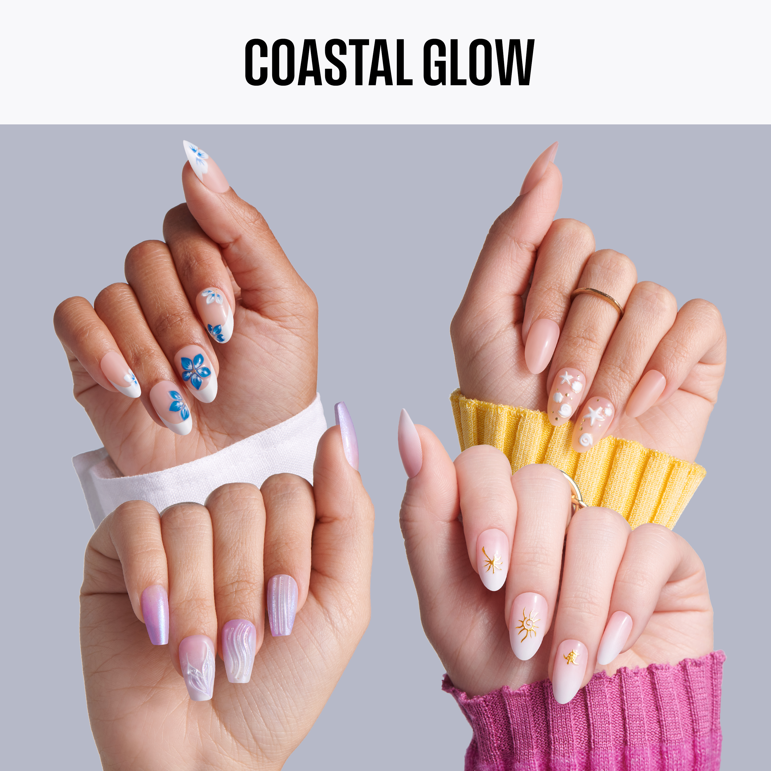 Two hands with various nail designs on a gray background, labeled &