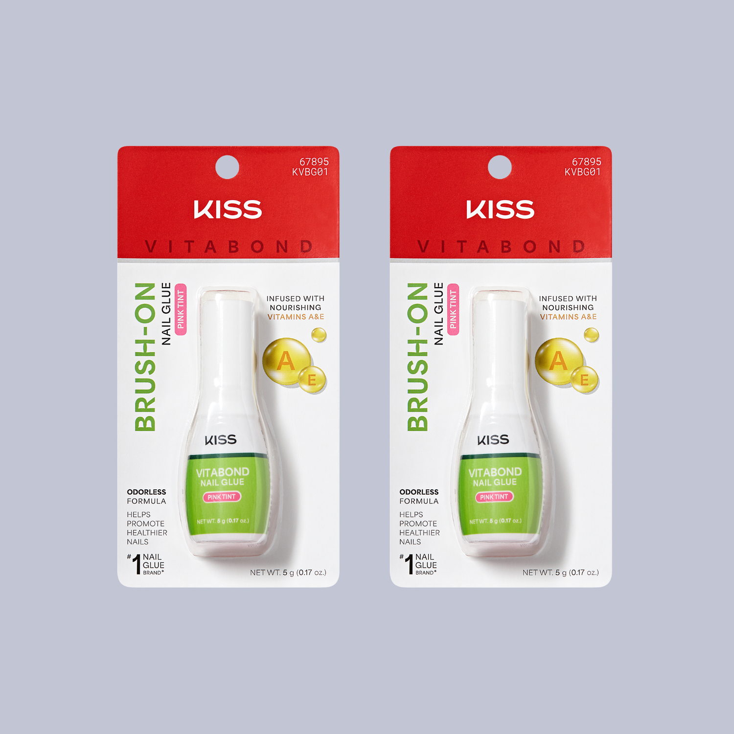 Two packages of Kiss Vitabond Brush-On Nail Glue on a gray background
