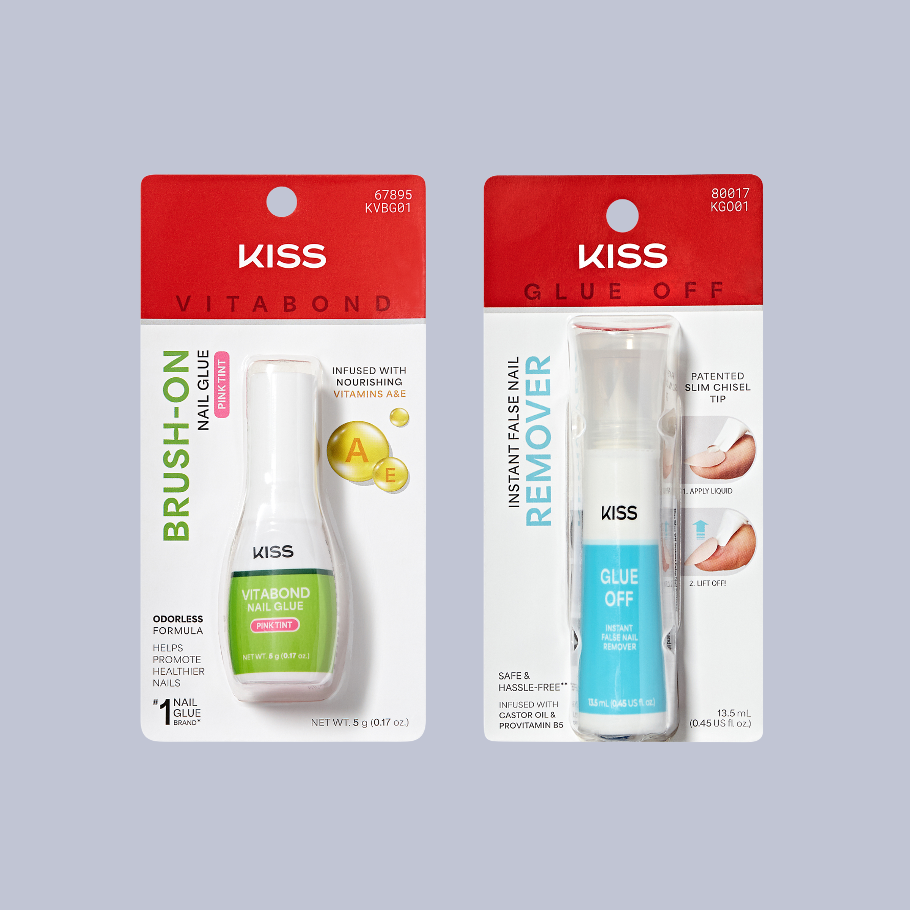 Two packages of Kiss nail care products on a gray background