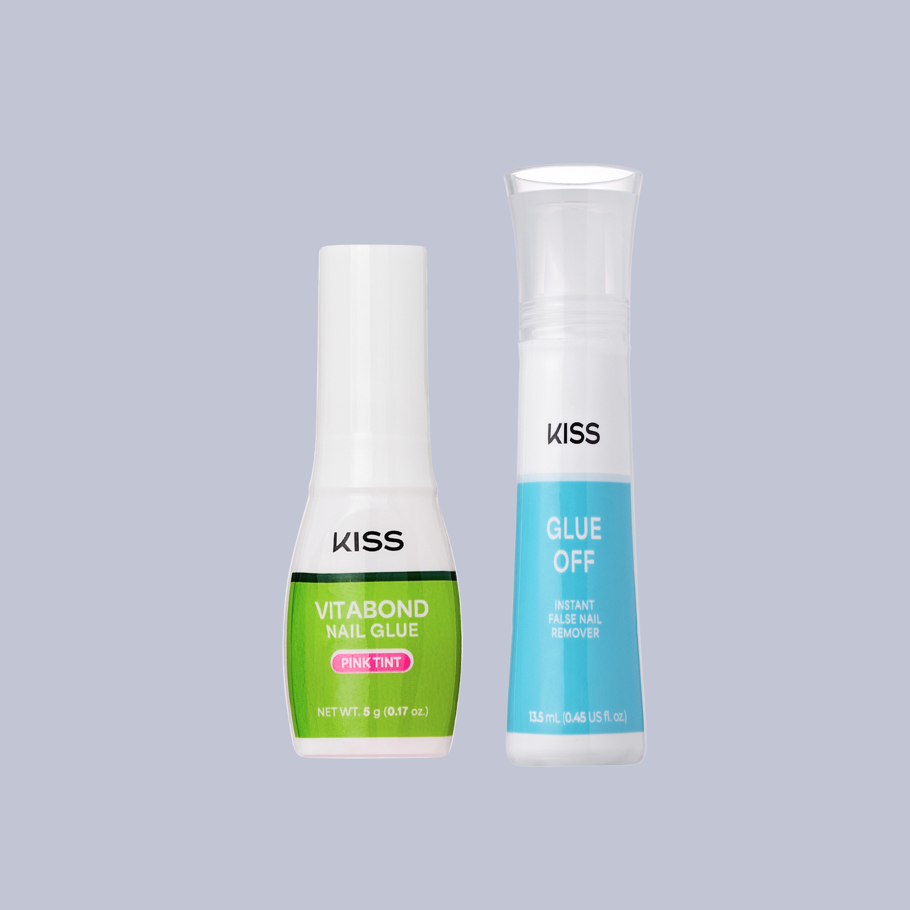 Two bottles of KISS nail products on a gray background
