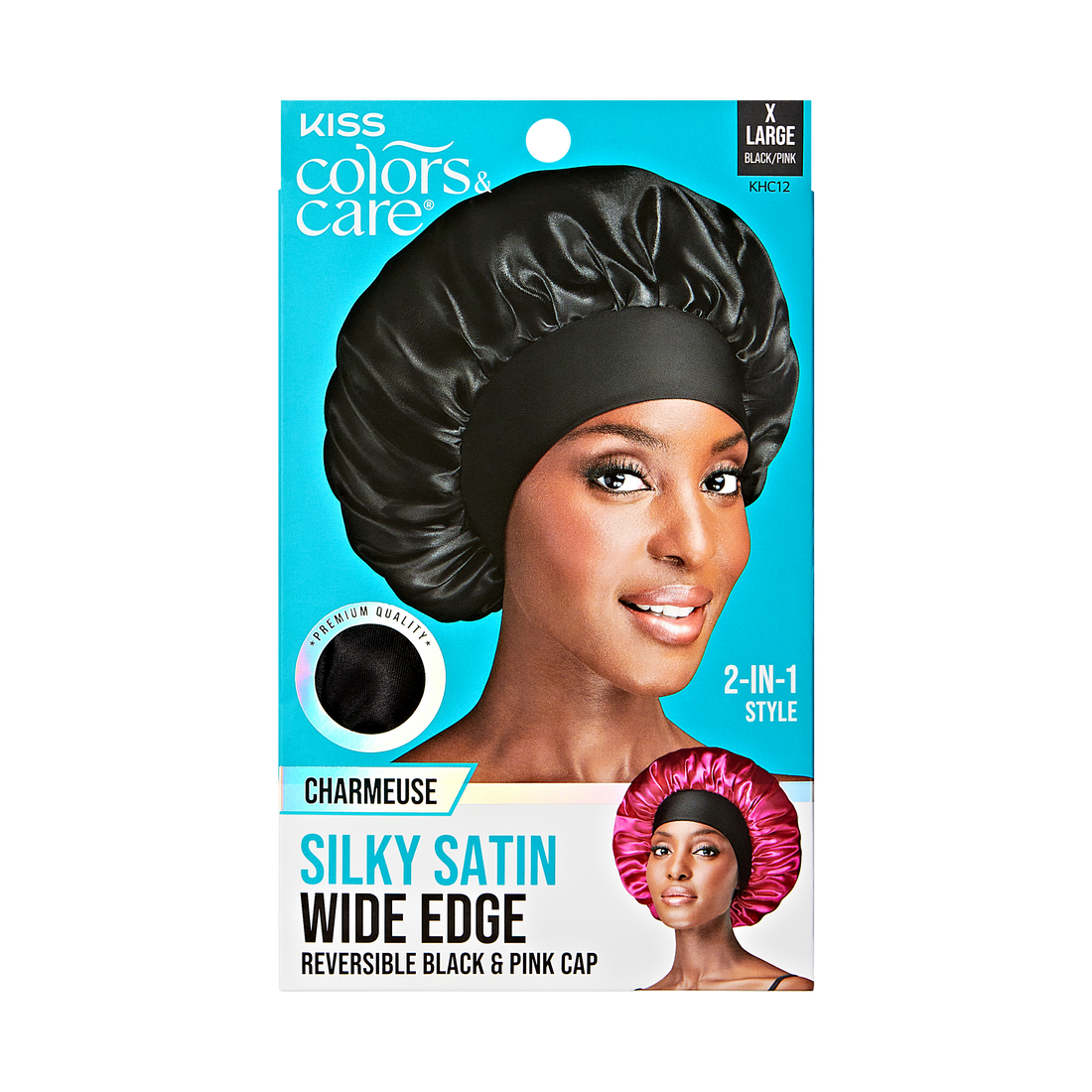 Kiss Colors &amp; Care Silky Satin Double Wear Cap, XL - Black | Reversible, Extra-Large, Silk Bonnet, Sleep Bonnet, Hair Accessories