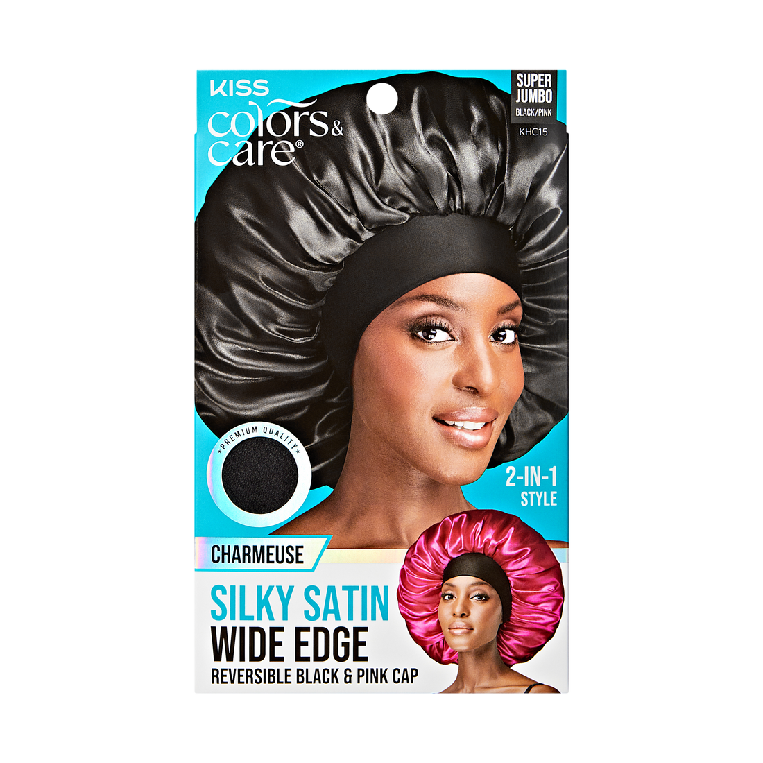 Kiss Colors &amp; Care Silky Satin Double Wear Bonnet Cap - Black | Reversible, Silk Bonnet, Sleep Bonnet, Super Jumbo, Hair Accessories