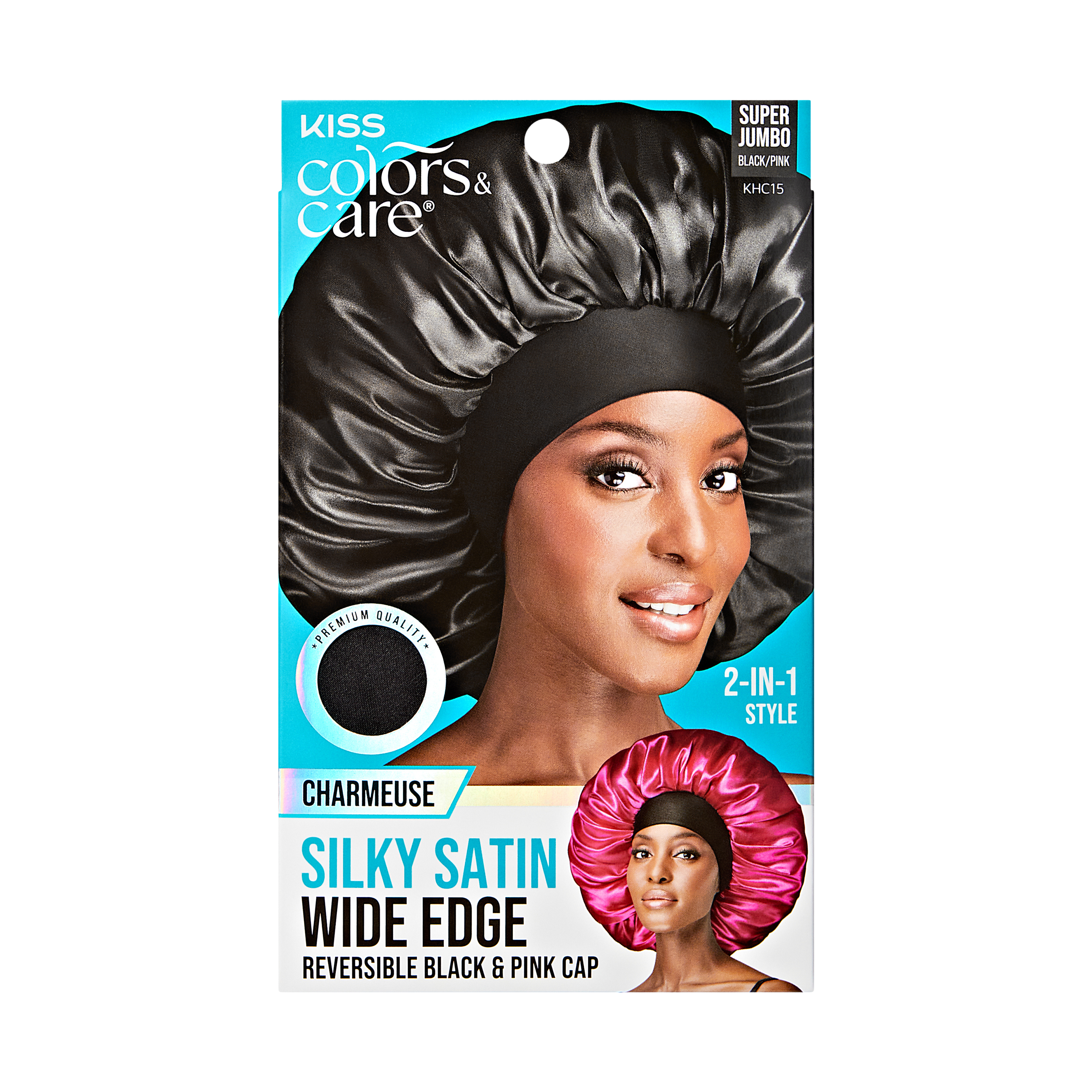Kiss Colors &amp; Care Silky Satin Double Wear Bonnet Cap - Black | Reversible, Silk Bonnet, Sleep Bonnet, Super Jumbo, Hair Accessories
