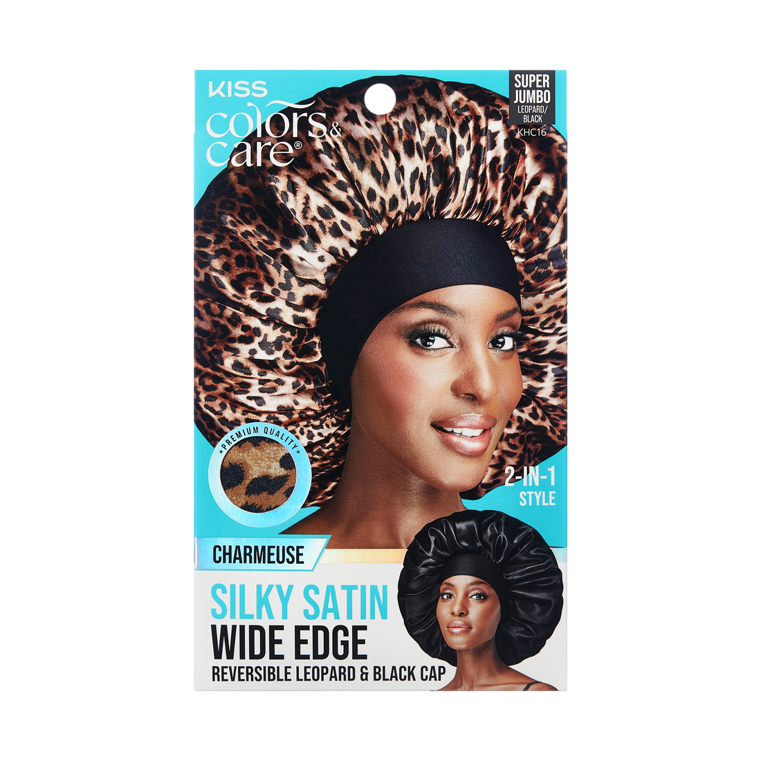 Kiss Colors &amp; Care Silky Satin Double Wear Cap - Leopard | Reversible, Silk Bonnet, Sleep Bonnet, Super Jumbo, Hair Accessories
