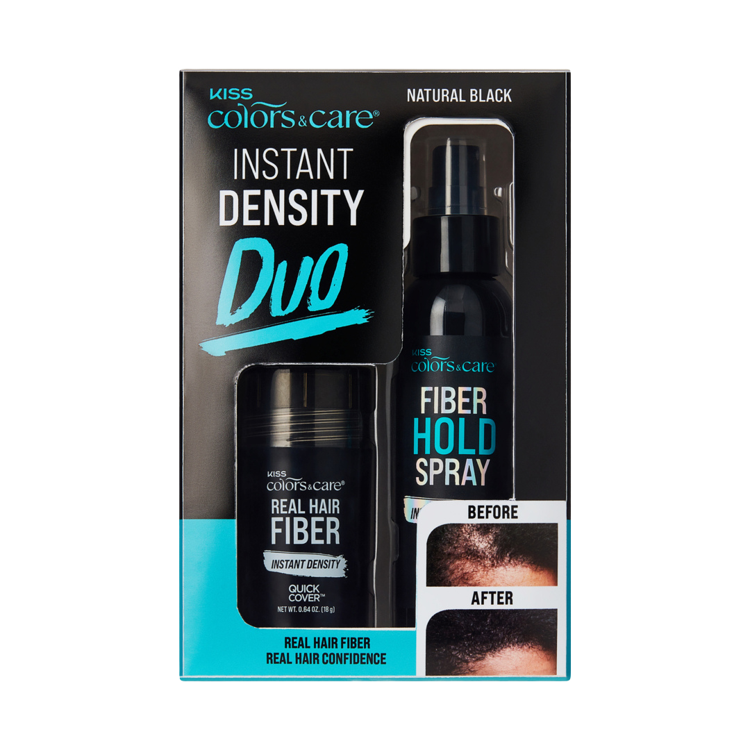 Kiss Colors &amp; Care Real Hair Fiber &amp; Fiber Hold Spray Set | Natural Black, Instant Density Duo, Quick Cover, Starter Kit, Hair Color