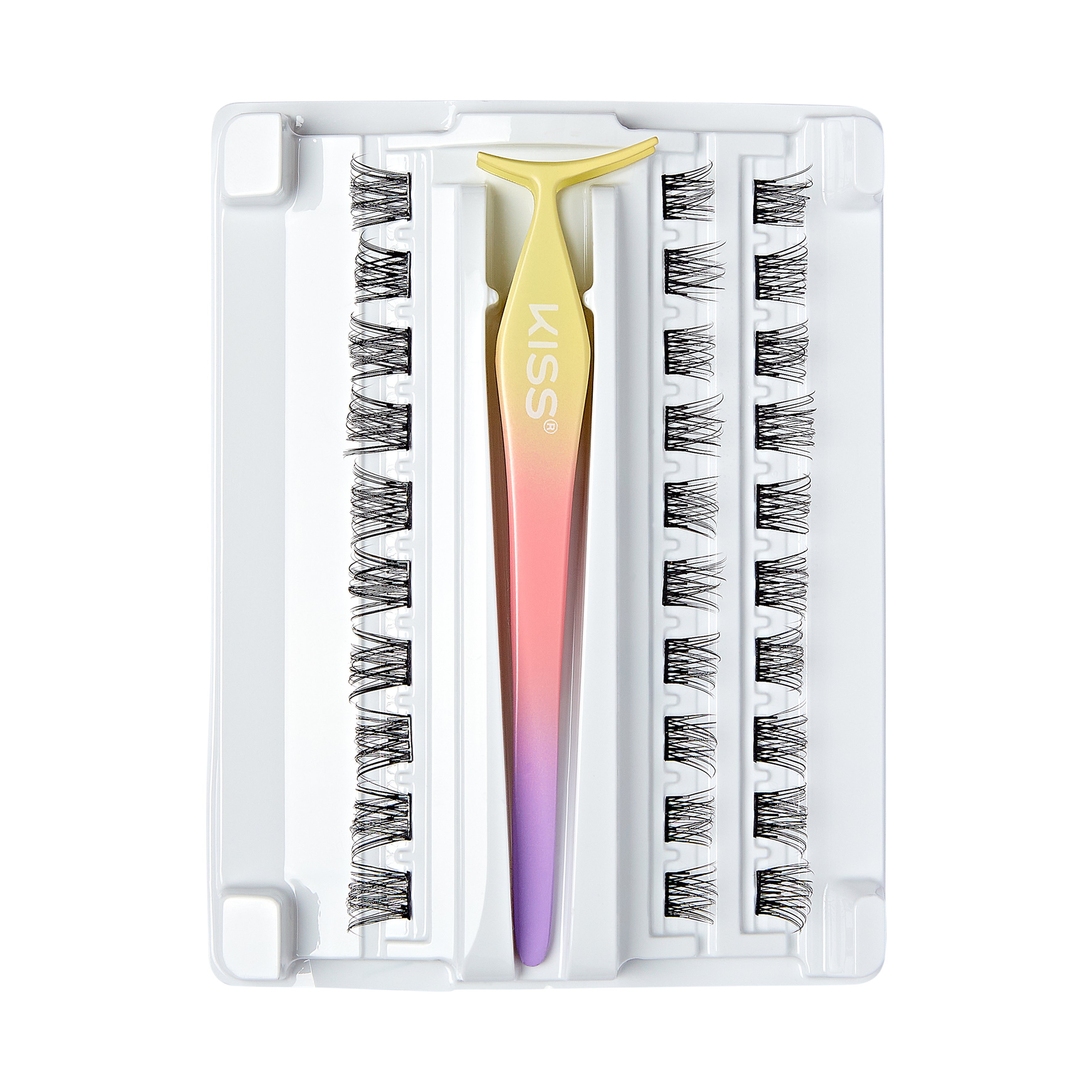 imPRESS Press-On Falsies component tray showing individual lash clusters arranged in rows with a KISS gradient applicator tool in the center on white background