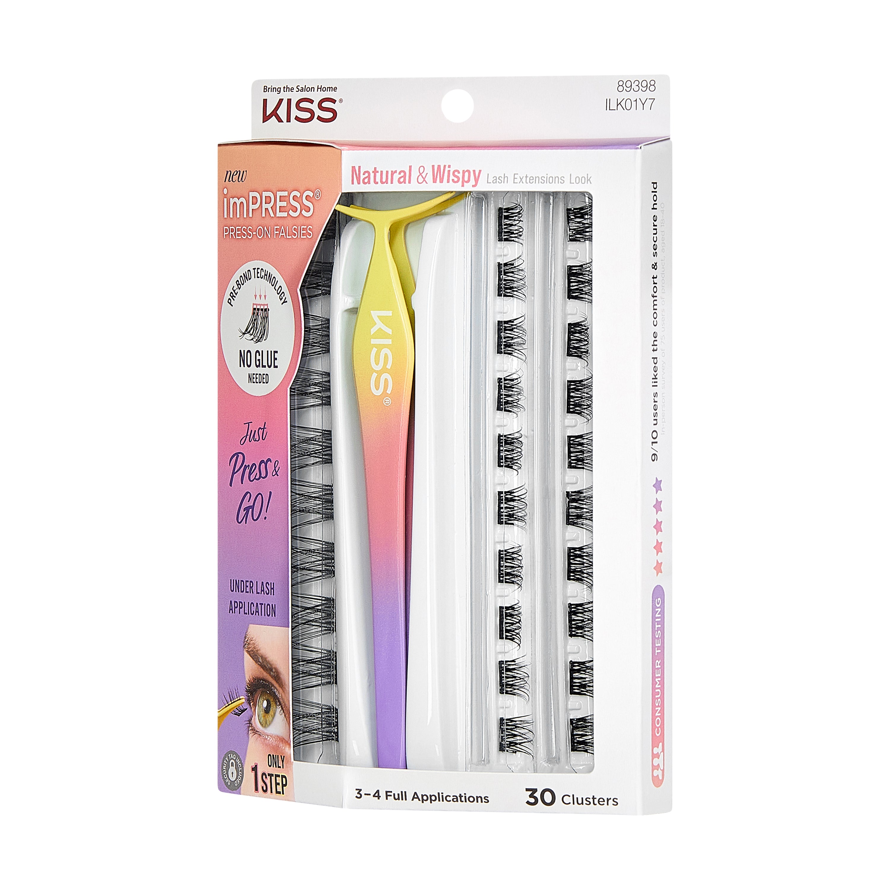 imPRESS Press-On Falsies packaging right side view showing Natural &amp; Wispy lash extensions, 30 clusters, 3-4 full applications, No Glue Needed, Just Press &amp; Go, with KISS applicator included