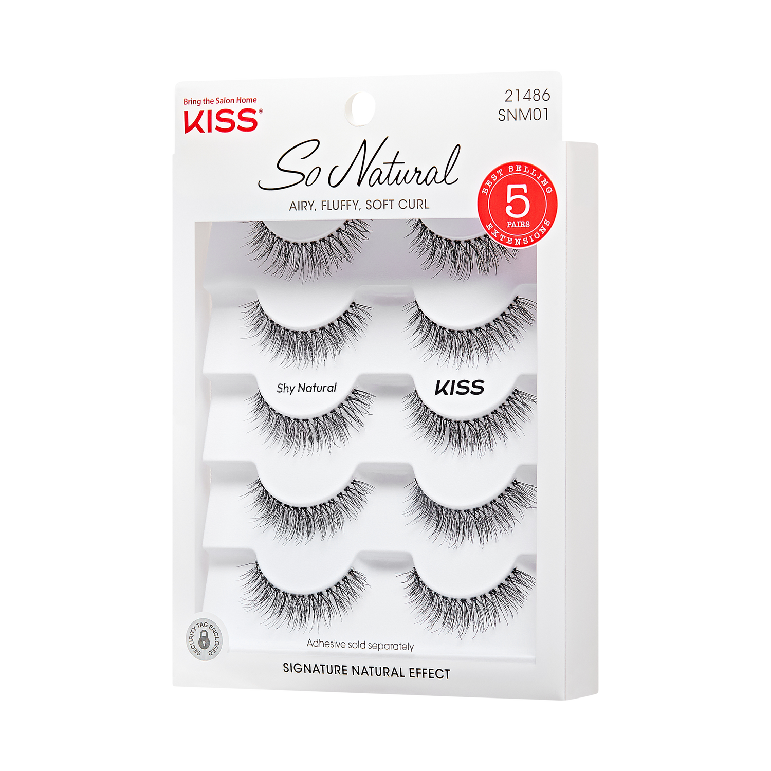 KISS So Natural False Eyelashes Shy Natural, five pairs of black, airy, fluffy lashes with a soft curl. Packaging highlights \