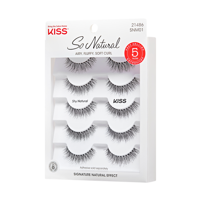 KISS So Natural False Eyelashes Shy Natural, five pairs of black, airy, fluffy lashes with a soft curl. Packaging highlights \