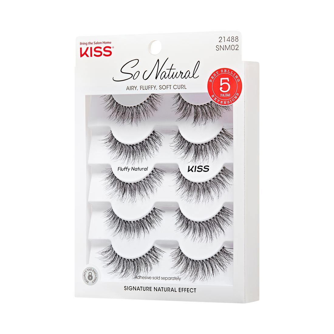KISS So Natural false eyelashes package with five pairs of black, fluffy, soft-curl lashes labeled \