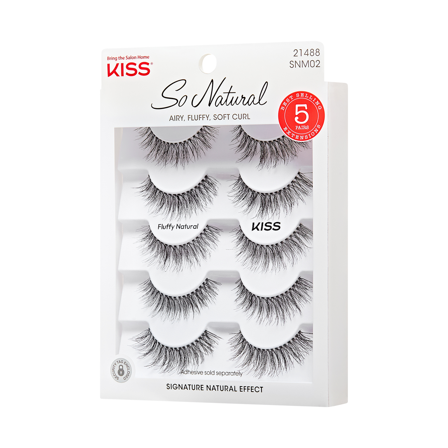 KISS So Natural false eyelashes package with five pairs of black, fluffy, soft-curl lashes labeled \