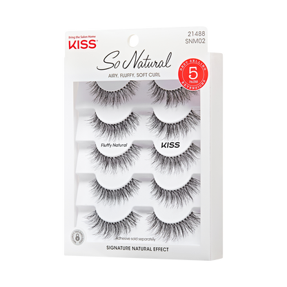 KISS So Natural false eyelashes package with five pairs of black, fluffy, soft-curl lashes labeled \