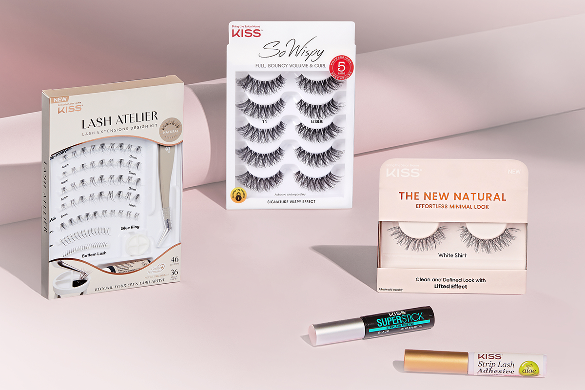 KISS lash products: Lash Atelier kit, So Wispy multi-pack, White Shirt style, Superstick eyeliner, Strip Lash Adhesive.