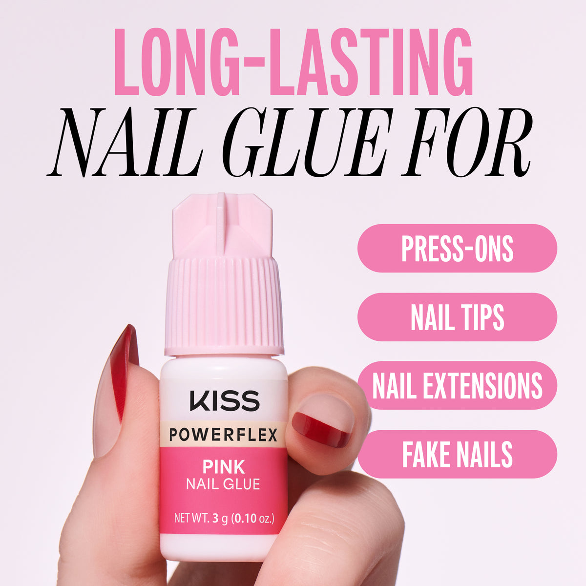 Kiss PowerFlex Pink Fake Nail Glue - 0.10 oz. | Nail Adhesive, Press-On Glue, Pink Tint, Strong Hold