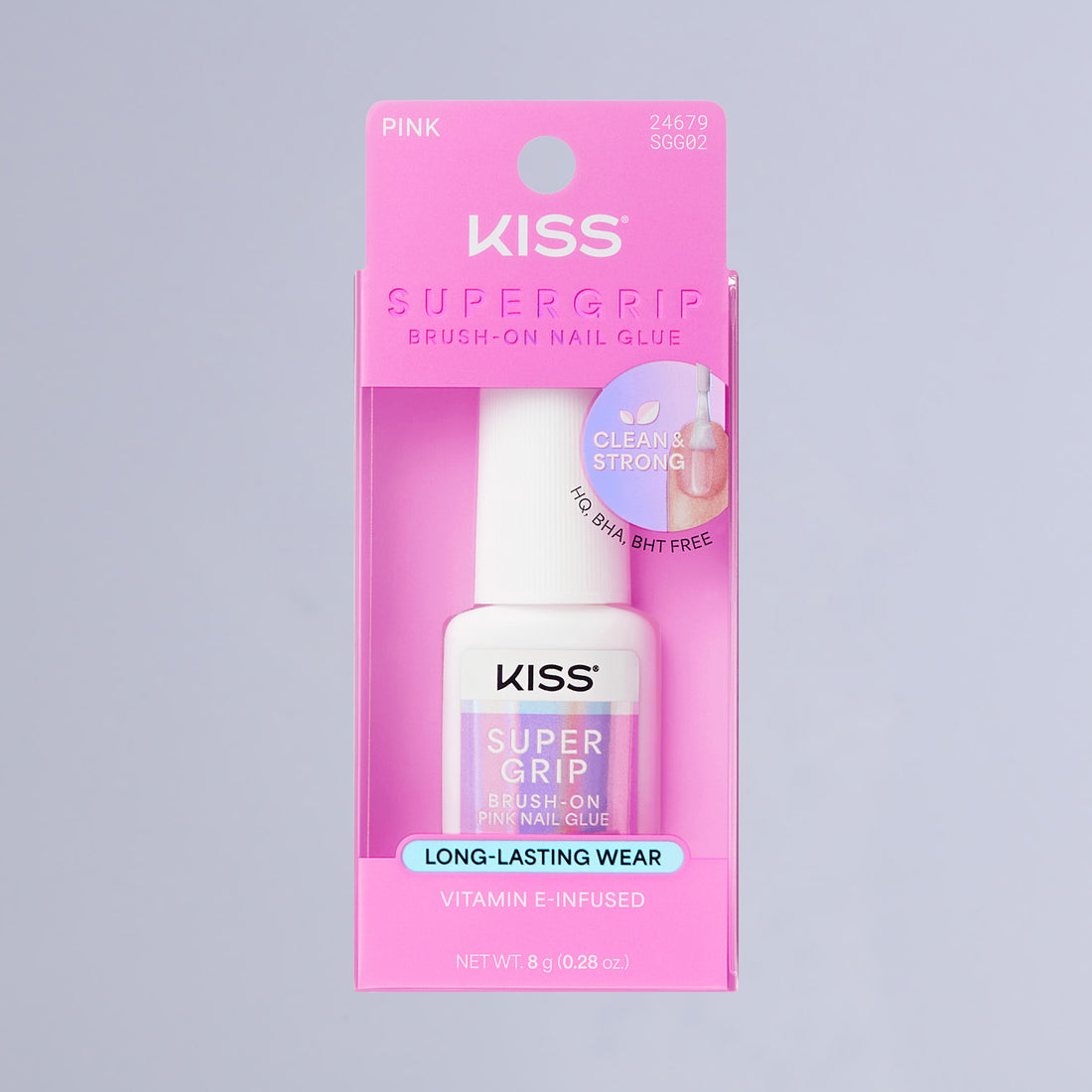Kiss SuperGrip Brush-On Pink Nail Glue | Nail Adhesive, Press-On Glue, Vitamin E Infused, Long-Lasting Wear, Clean &amp; Strong, Pink Tint, 0.28 oz.