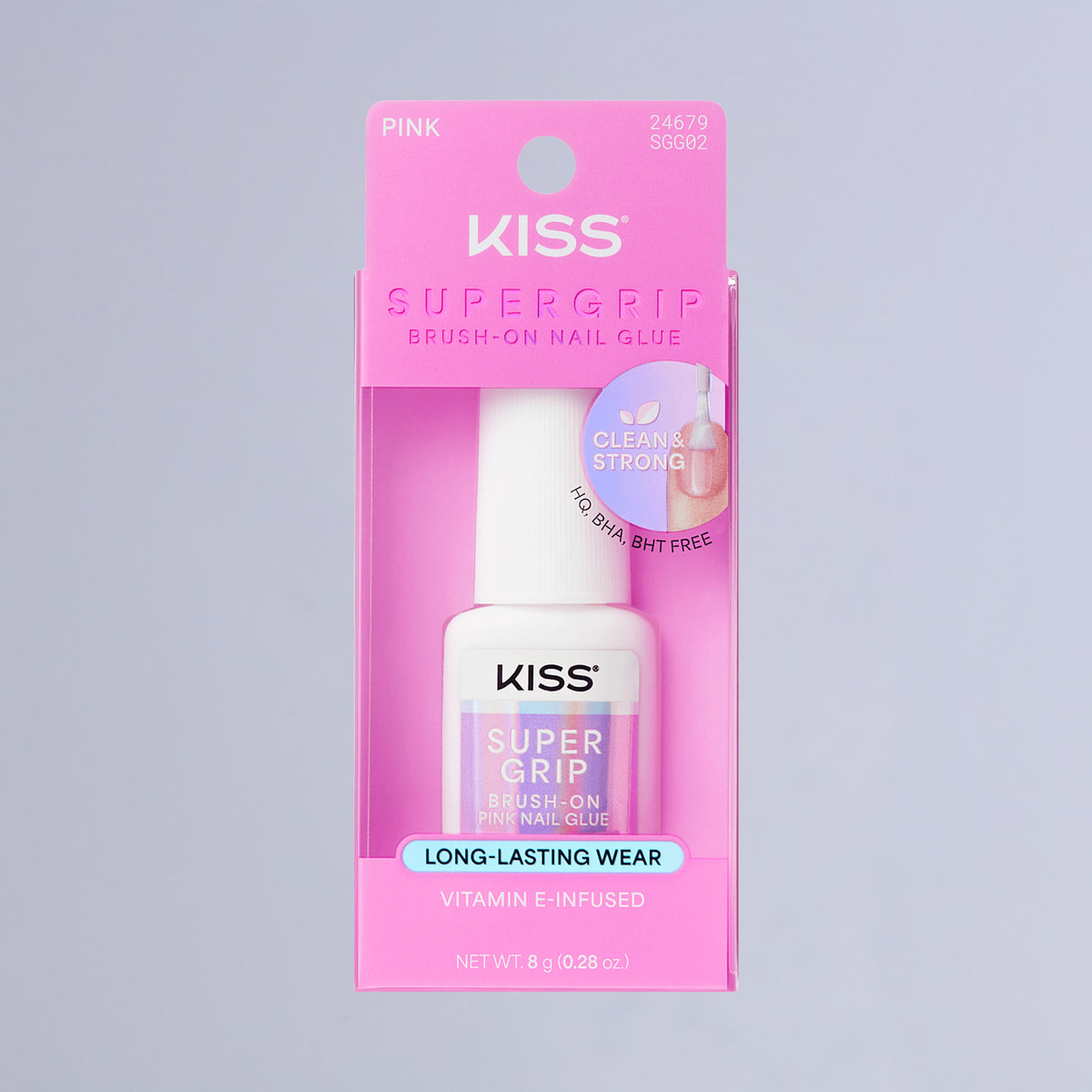 Kiss SuperGrip Brush-On Pink Nail Glue | Nail Adhesive, Press-On Glue, Vitamin E Infused, Long-Lasting Wear, Clean &amp; Strong, Pink Tint, 0.28 oz.