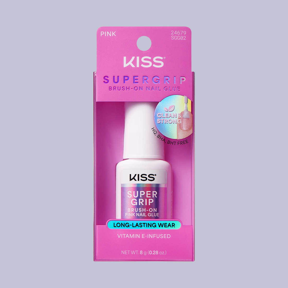 Kiss SuperGrip Brush-On Pink Nail Glue | Nail Adhesive, Press-On Glue, Vitamin E Infused, Long-Lasting Wear, Clean &amp; Strong, Pink Tint, 0.28 oz.