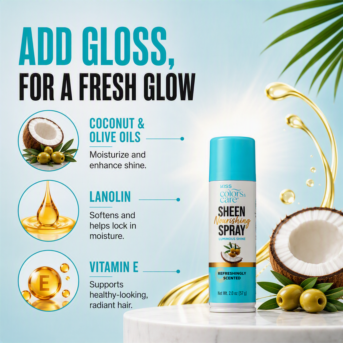Kiss Colors &amp; Care Nourishing Sheen Spray for Luminous Shine | Travel Size, 2 US fl. oz, Hair Care