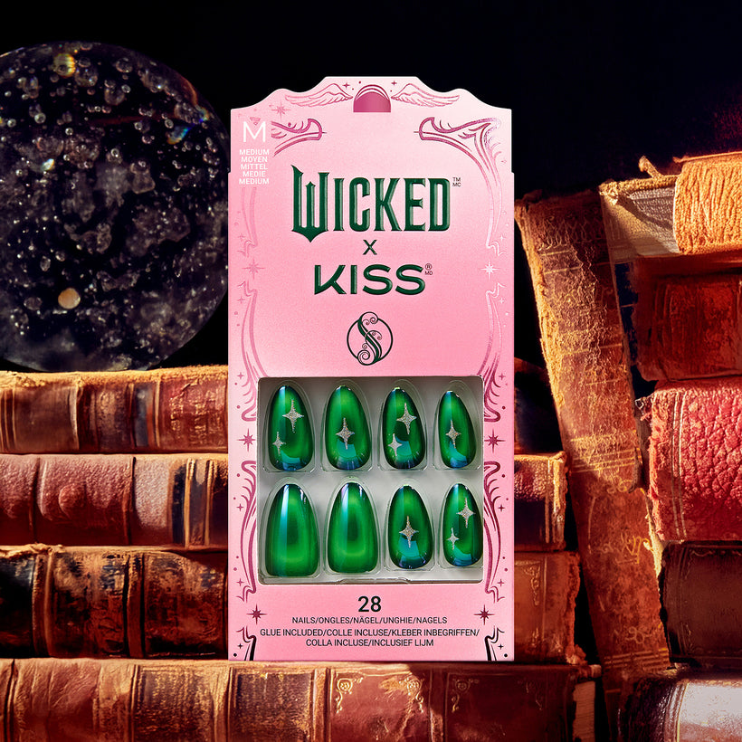 Wicked x Kiss press-on nails in emerald green with star designs, 28 count.