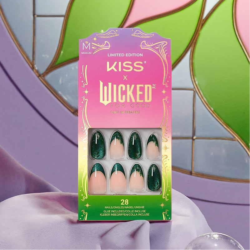 KISS x Wicked Limited Edition press-on nails, medium size, 28 count with green and nude design