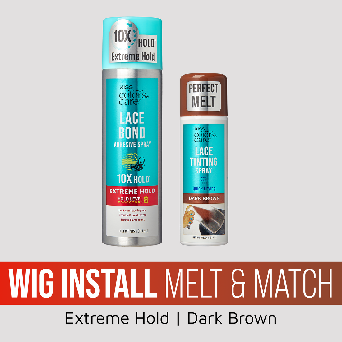 Kiss Colors &amp; Care Wig Install Melt &amp; Match Bundle - Extreme Hold Lace Bond &amp; Dark Brown Lace Tinting Spray