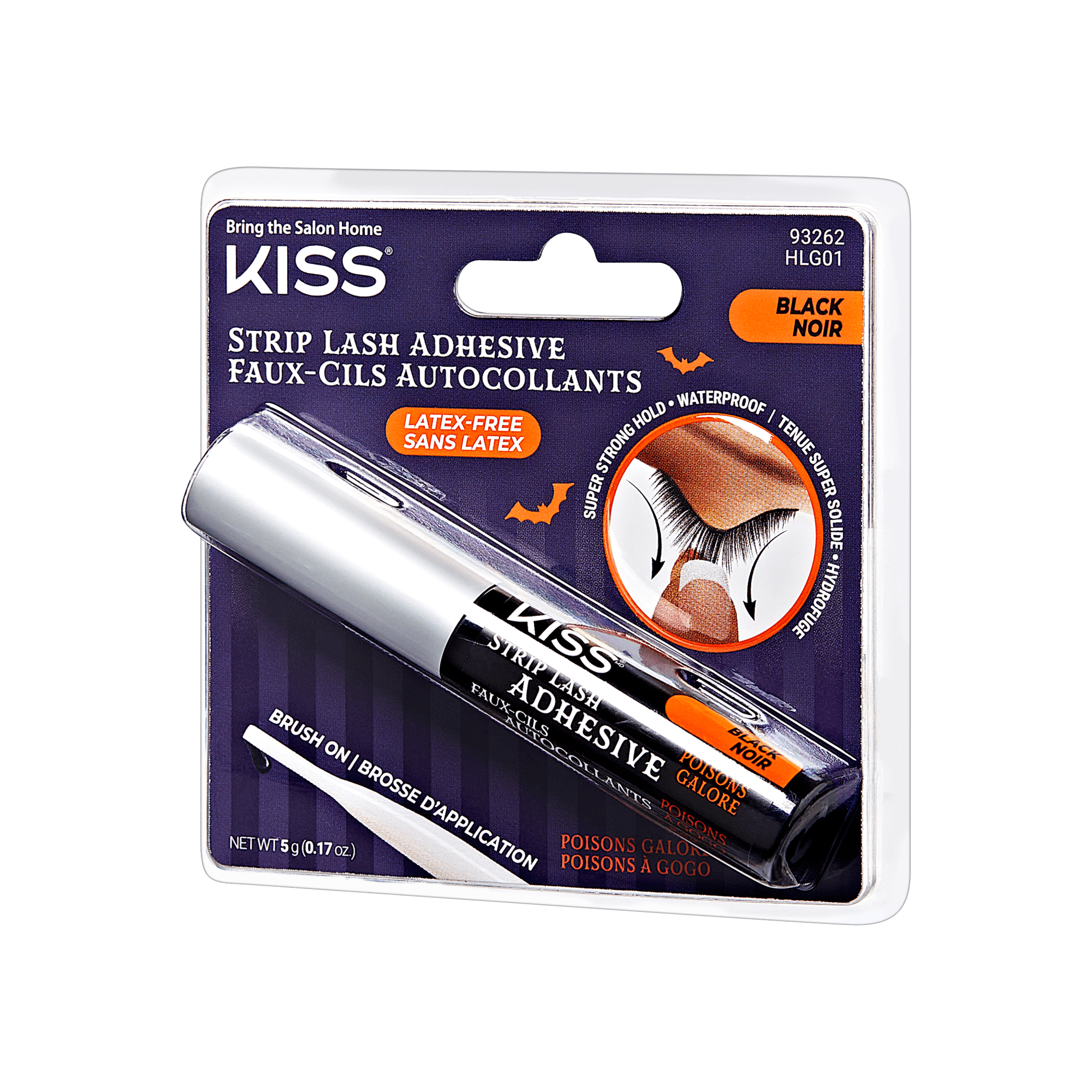 The image shows a packaged product of KISS Strip Lash Adhesive. The packaging is predominantly purple with white and black text. The adhesive is labeled as "Latex-Free" and "Black" in color. The product is designed for use with false eyelashes and is described as having a brush-on application. The packaging also highlights that the adhesive is waterproof and has a strong hold. The net weight of the product is 5 grams (0.17 oz). The top left corner of the packaging has the phrase "Bring the Salon Home.