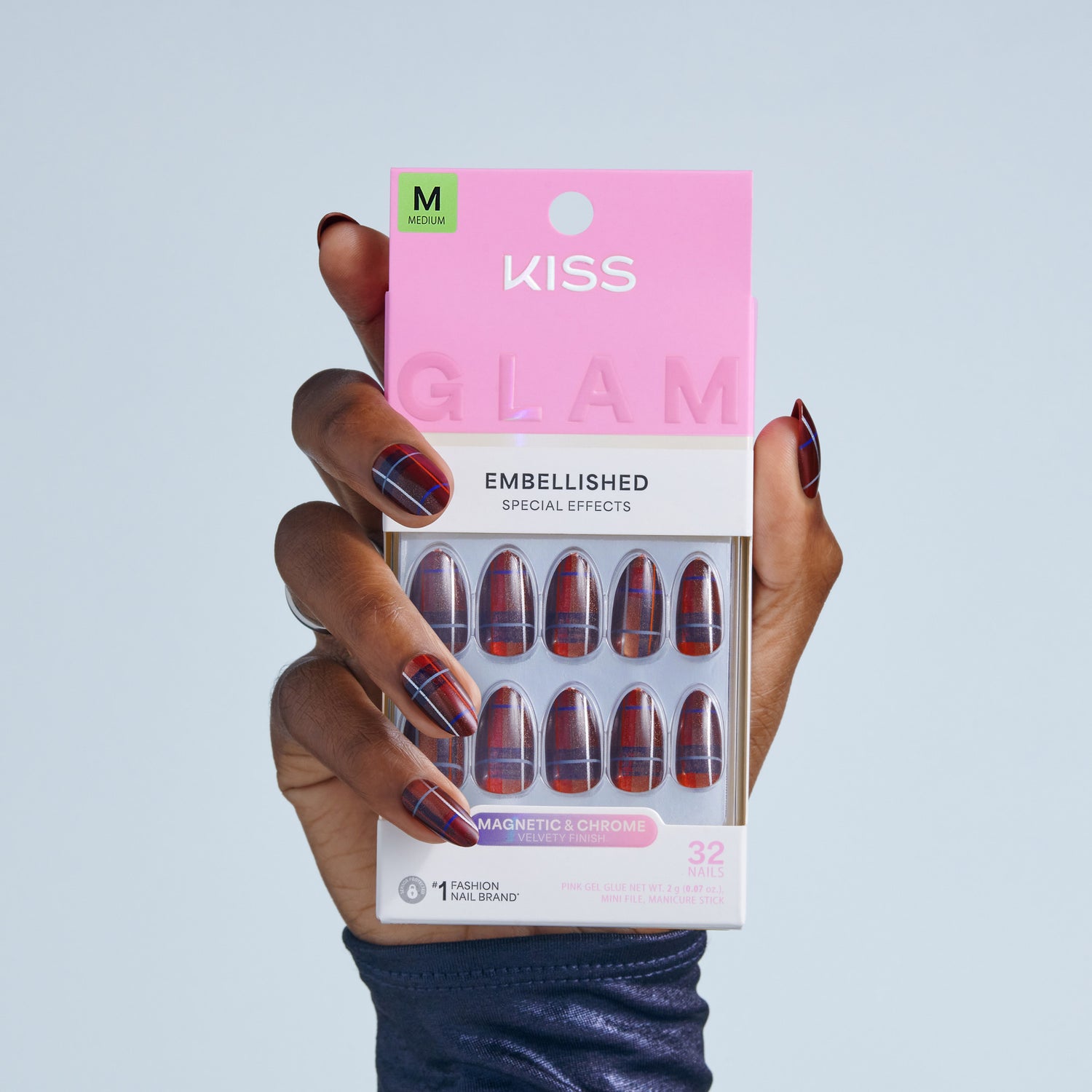 Kiss Glam Embellished Press On Fake Glue Nails - Mirror | 3D &amp; Jewel Design, Red, Medium, Almond