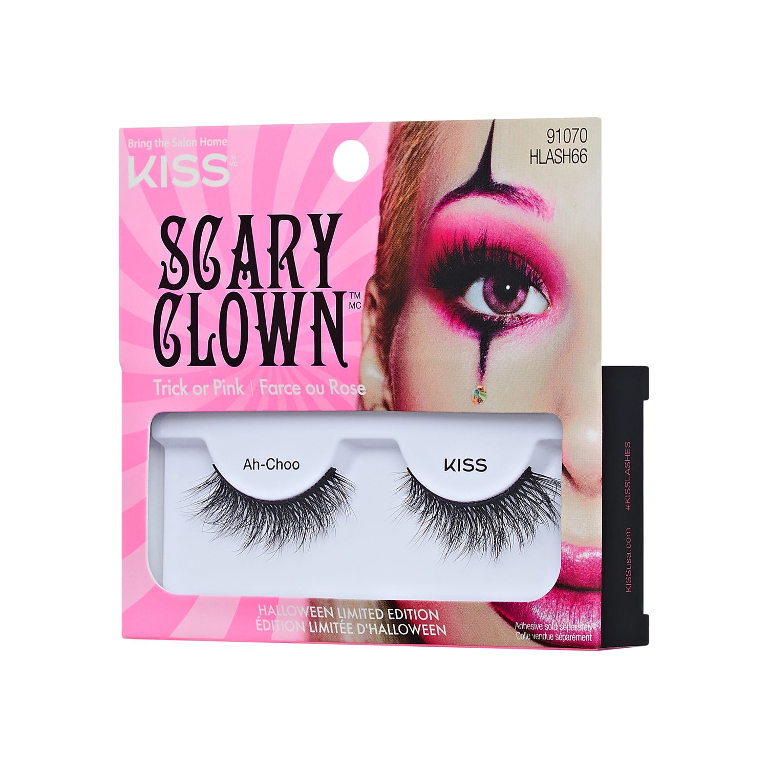 KISS Scary Clown Halloween lashes in pink packaging with "Ah-Choo" style lashes displayed.