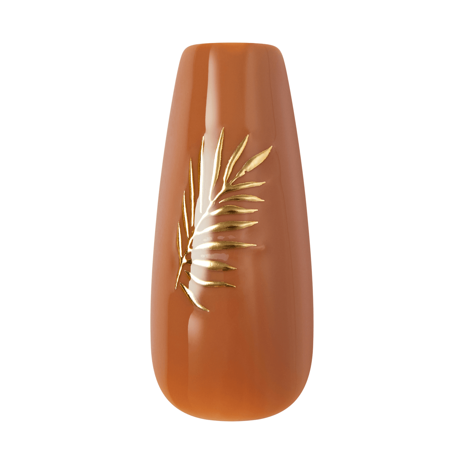 Close-up of a single nude brown press-on nail with a 3D gold palm frond accent design on transparent background