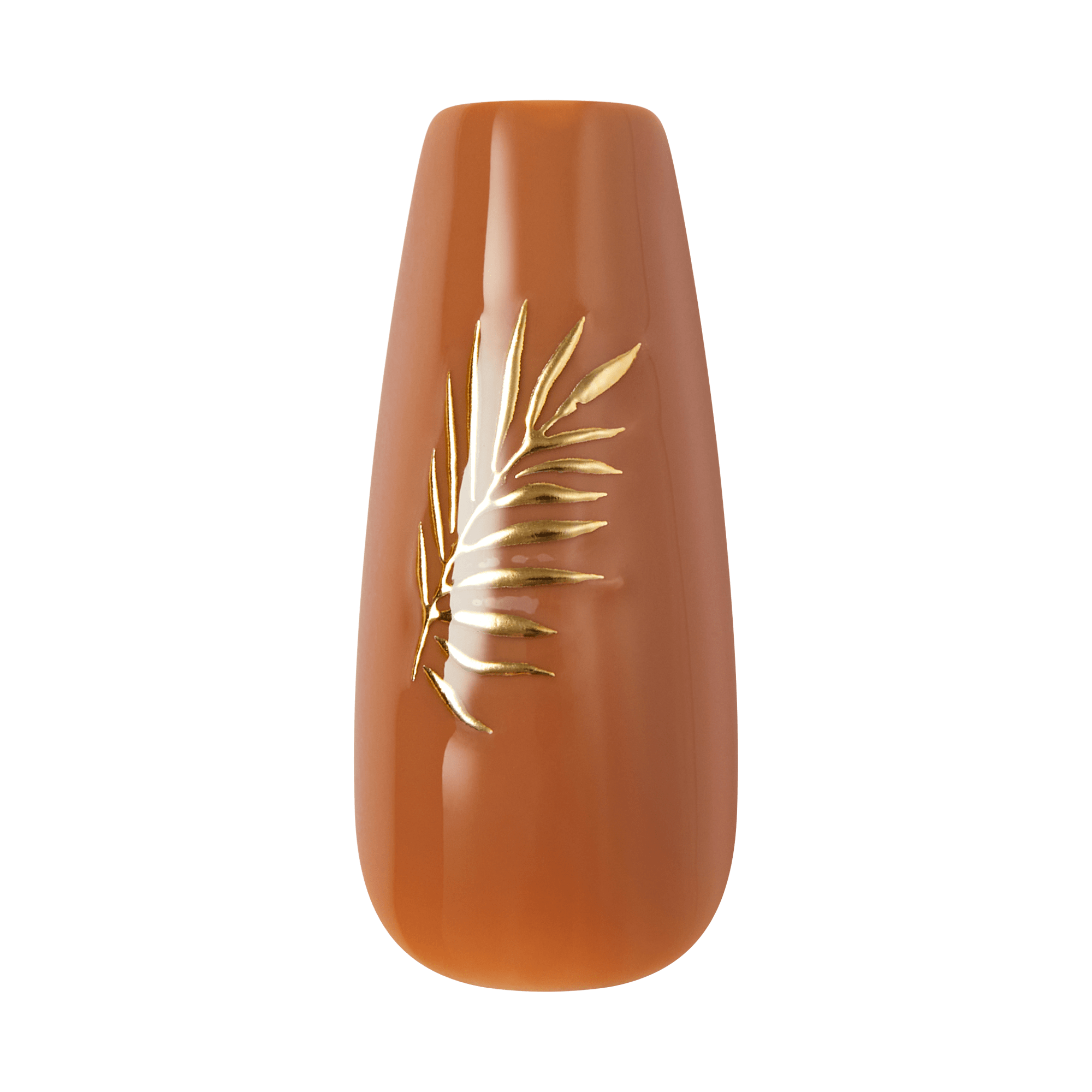 Close-up of a single nude brown press-on nail with a 3D gold palm frond accent design on transparent background