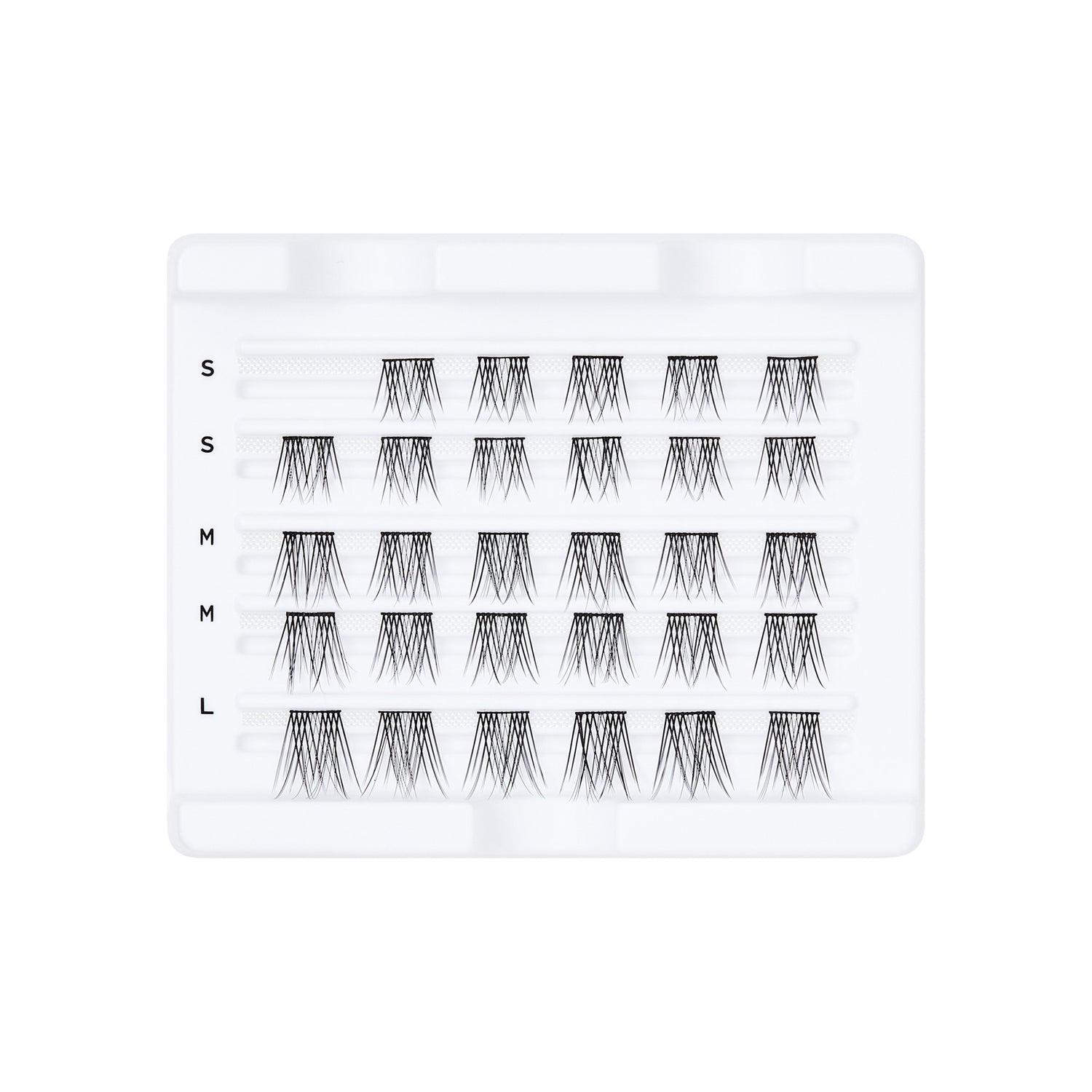 White tray containing 30 black lengthening eyelash wisps in five rows, labeled with sizes S, M, and L on the left side.