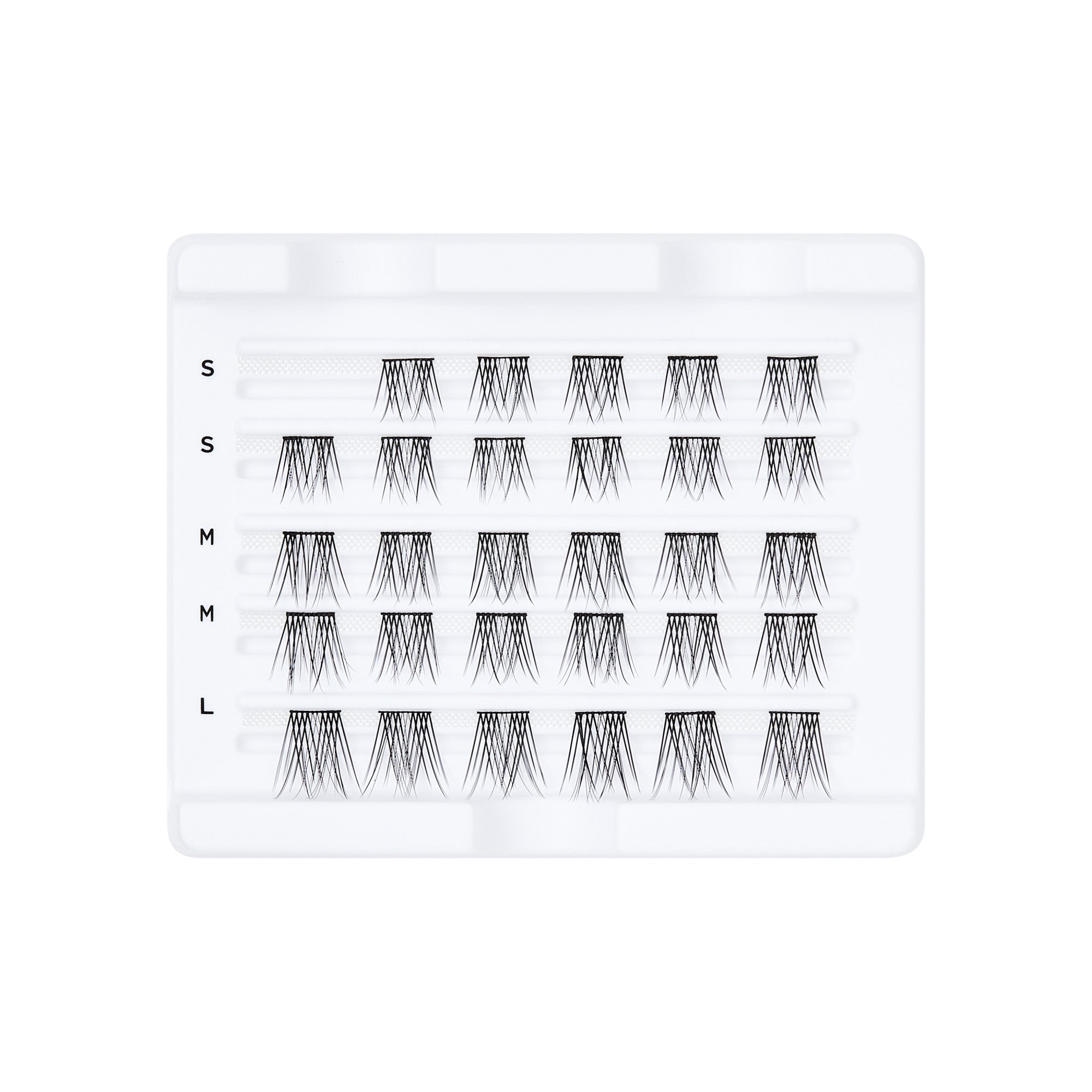 White tray containing 30 black lengthening eyelash wisps in five rows, labeled with sizes S, M, and L on the left side.