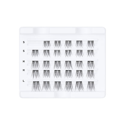 White tray containing 30 black lengthening eyelash wisps in five rows, labeled with sizes S, M, and L on the left side.