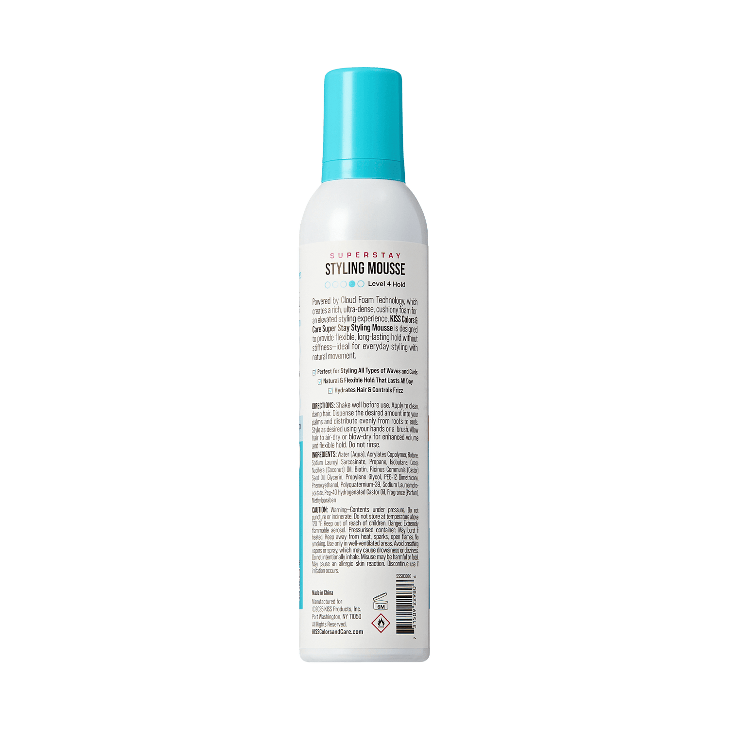 Styling mousse bottle with blue cap on a green background