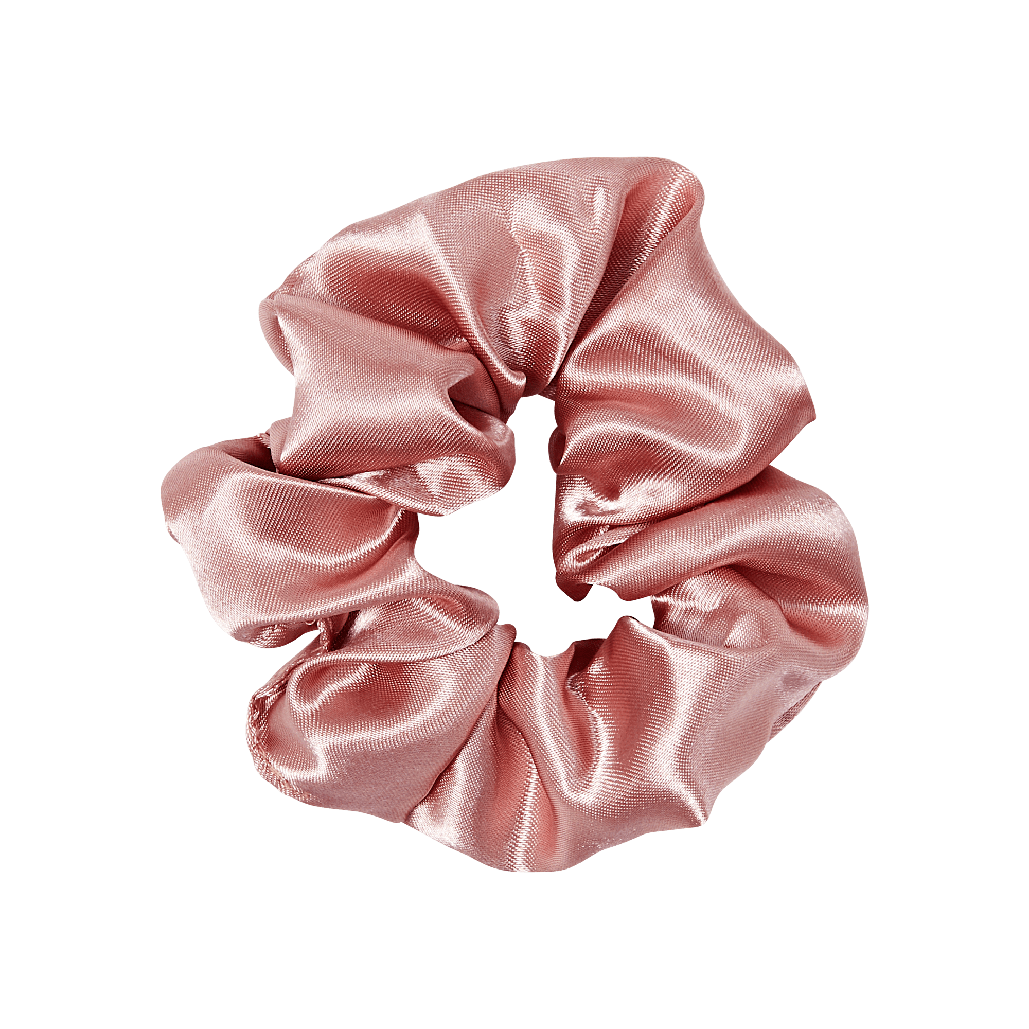 Pink satin hair scrunchie with gathered fabric texture on white background.