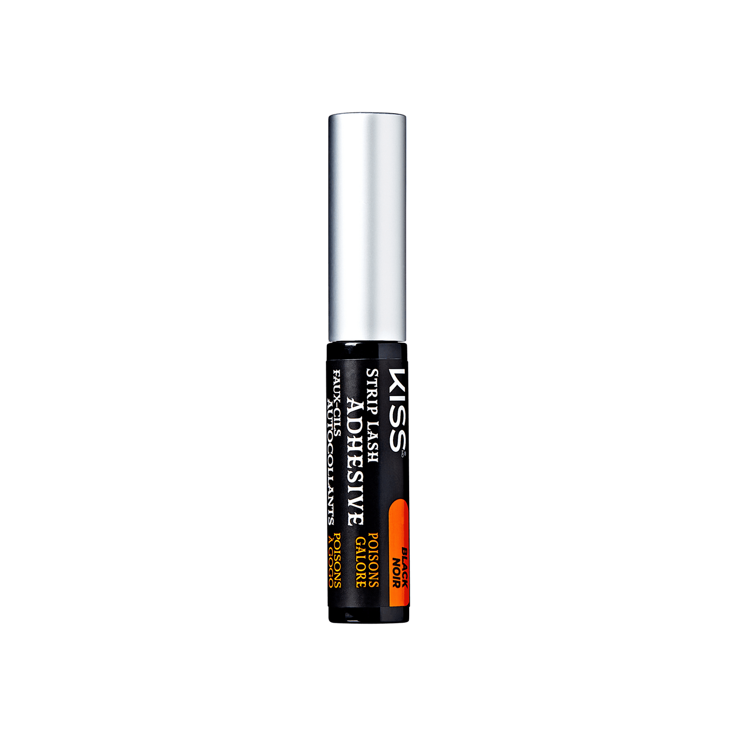 The image shows a tube of KISS Strip Lash Adhesive. The tube is predominantly black with a silver cap. The label on the tube includes the brand name "KISS" at the top, followed by "STRIP LASH ADHESIVE" in bold white letters. Below that, it mentions "WITH ALOE" and "FORMALDEHYDE FREE" in smaller white text. There is also an orange section at the bottom right of the label that reads "CLEAR" indicating the color of the adhesive. The overall design is sleek and professional, suitable for a cosmetic product.