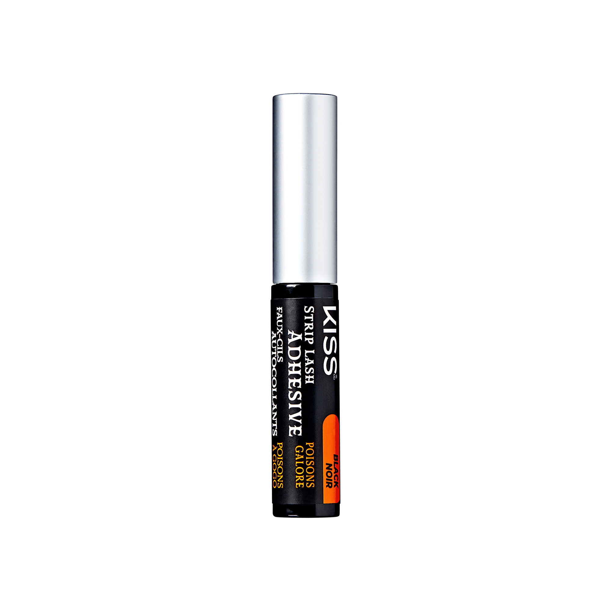 The image shows a tube of KISS Strip Lash Adhesive. The tube is predominantly black with a silver cap. The label on the tube includes the brand name "KISS" at the top, followed by "STRIP LASH ADHESIVE" in bold white letters. Below that, it mentions "WITH ALOE" and "FORMALDEHYDE FREE" in smaller white text. There is also an orange section at the bottom right of the label that reads "CLEAR" indicating the color of the adhesive. The overall design is sleek and professional, suitable for a cosmetic product.