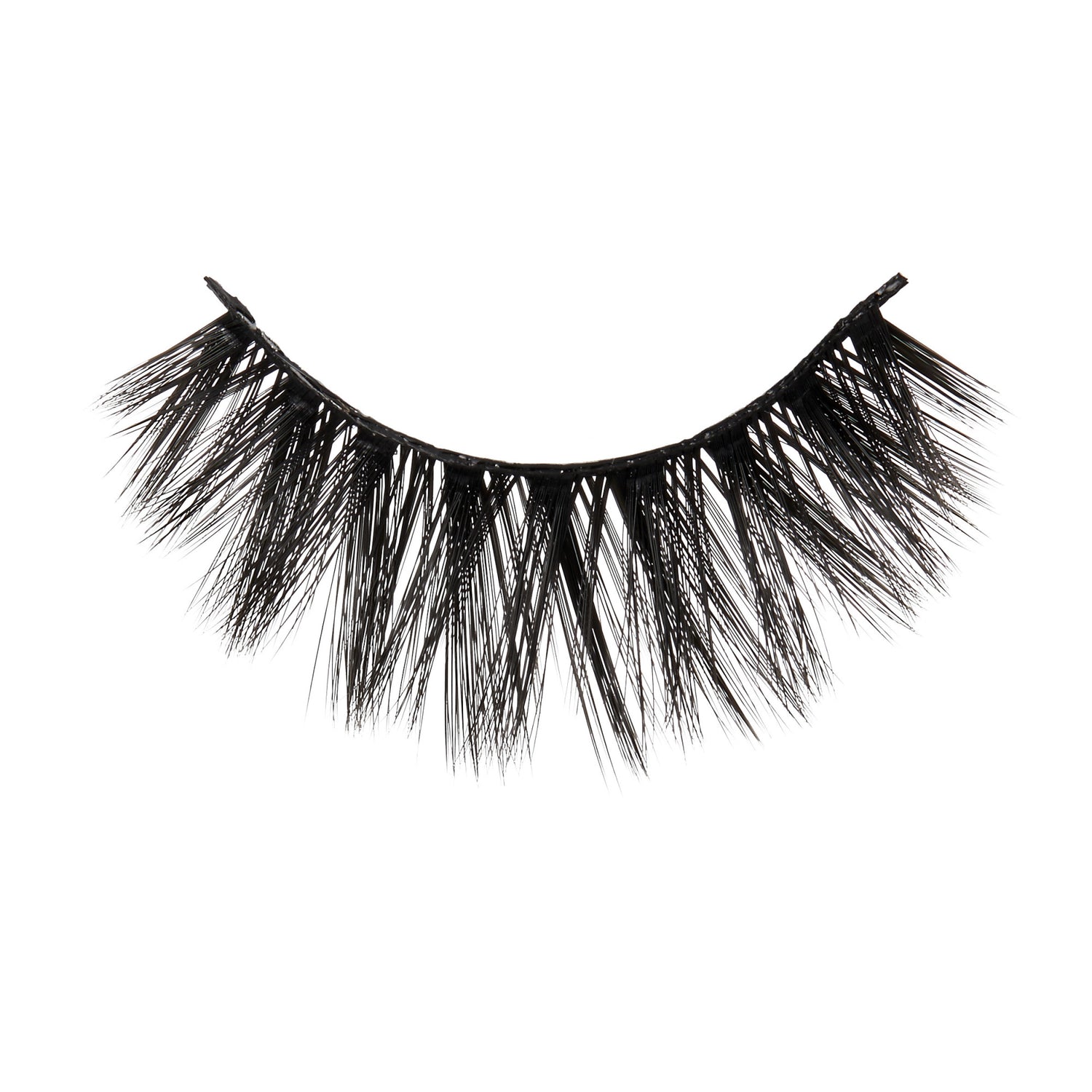 Pair of black false eyelashes with full, dramatic wispy lashes on a white background.