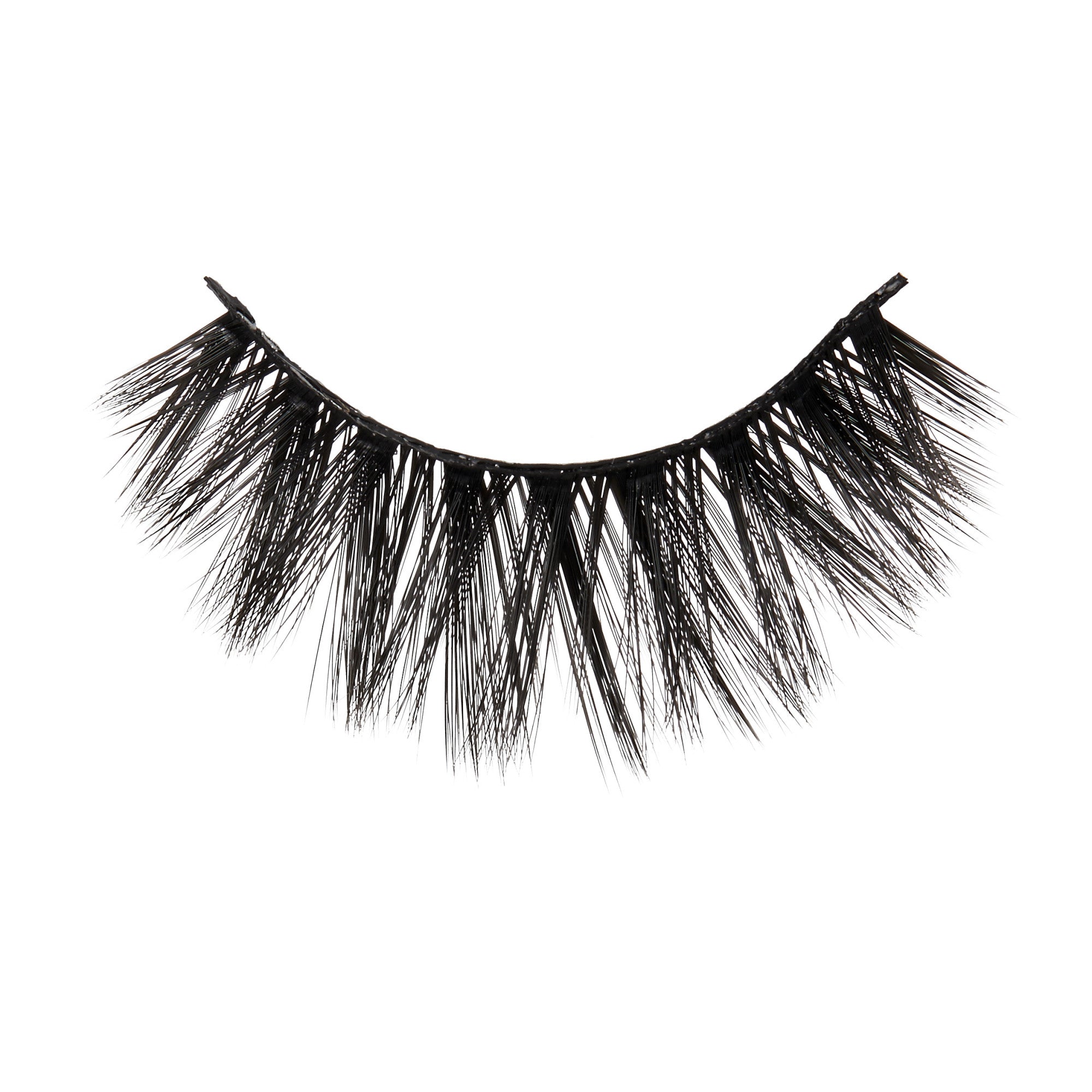 Pair of black false eyelashes with full, dramatic wispy lashes on a white background.
