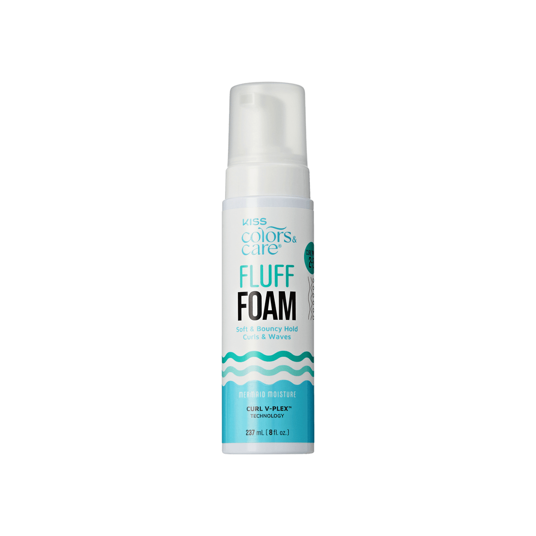 Kiss Colors &amp; Care Fluff Foam styling product, 8 fl oz bottle with turquoise wave design