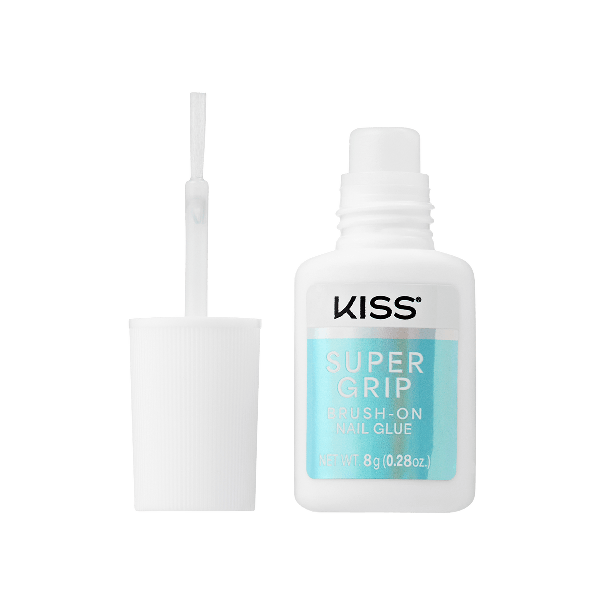 Kiss Super Grip Brush-On Nail Glue bottle in white with a light blue label, shown next to its applicator brush on a solid white background.
