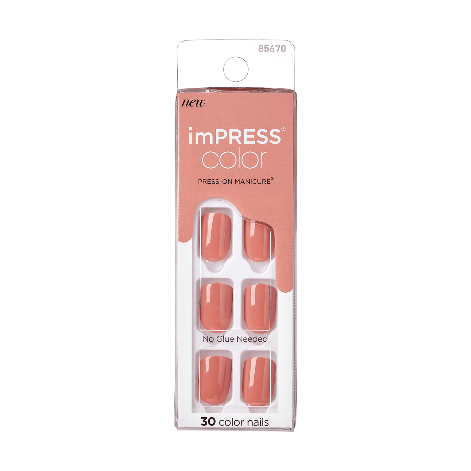 imPRESS Color Press-On Manicure in caramel shade, showing six glossy press-on nails; packaging highlights \