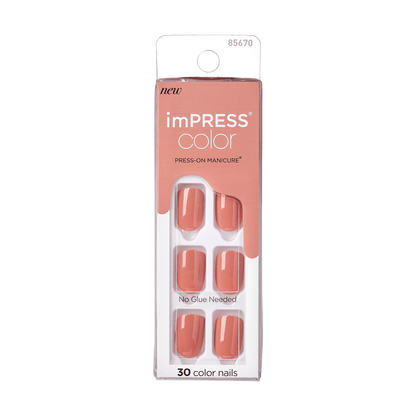 imPRESS Color Press-On Manicure in caramel shade, showing six glossy press-on nails; packaging highlights \