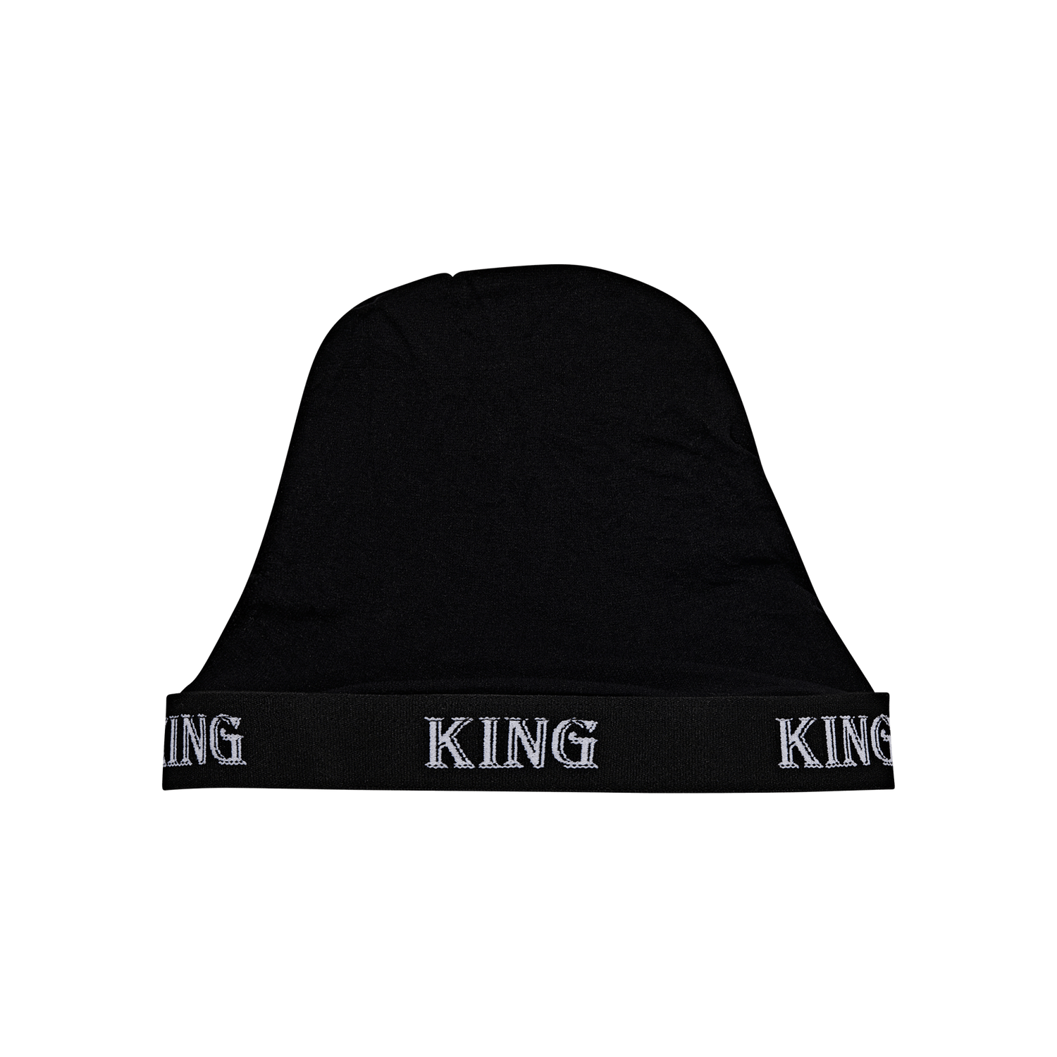 Black beanie with "KING" text repeated on ribbed cuff band