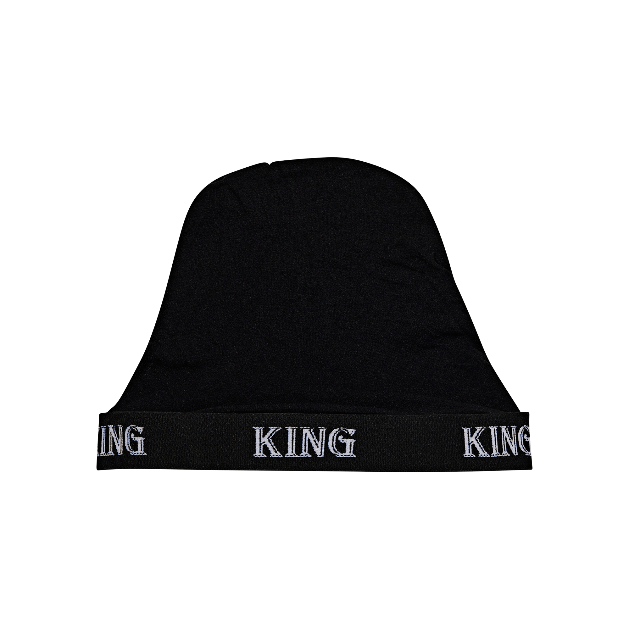 Black beanie with "KING" text repeated on ribbed cuff band
