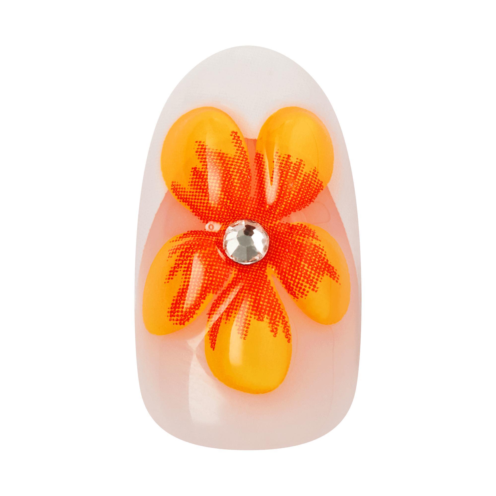 Close-up of a single white oval press-on nail with a 3D orange and yellow flower design featuring a crystal rhinestone center on transparent background