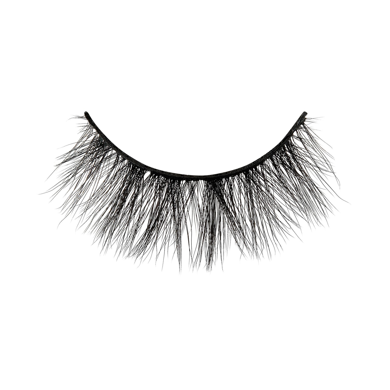 Pair of black false eyelashes with full, feathered lashes on curved band against white background.