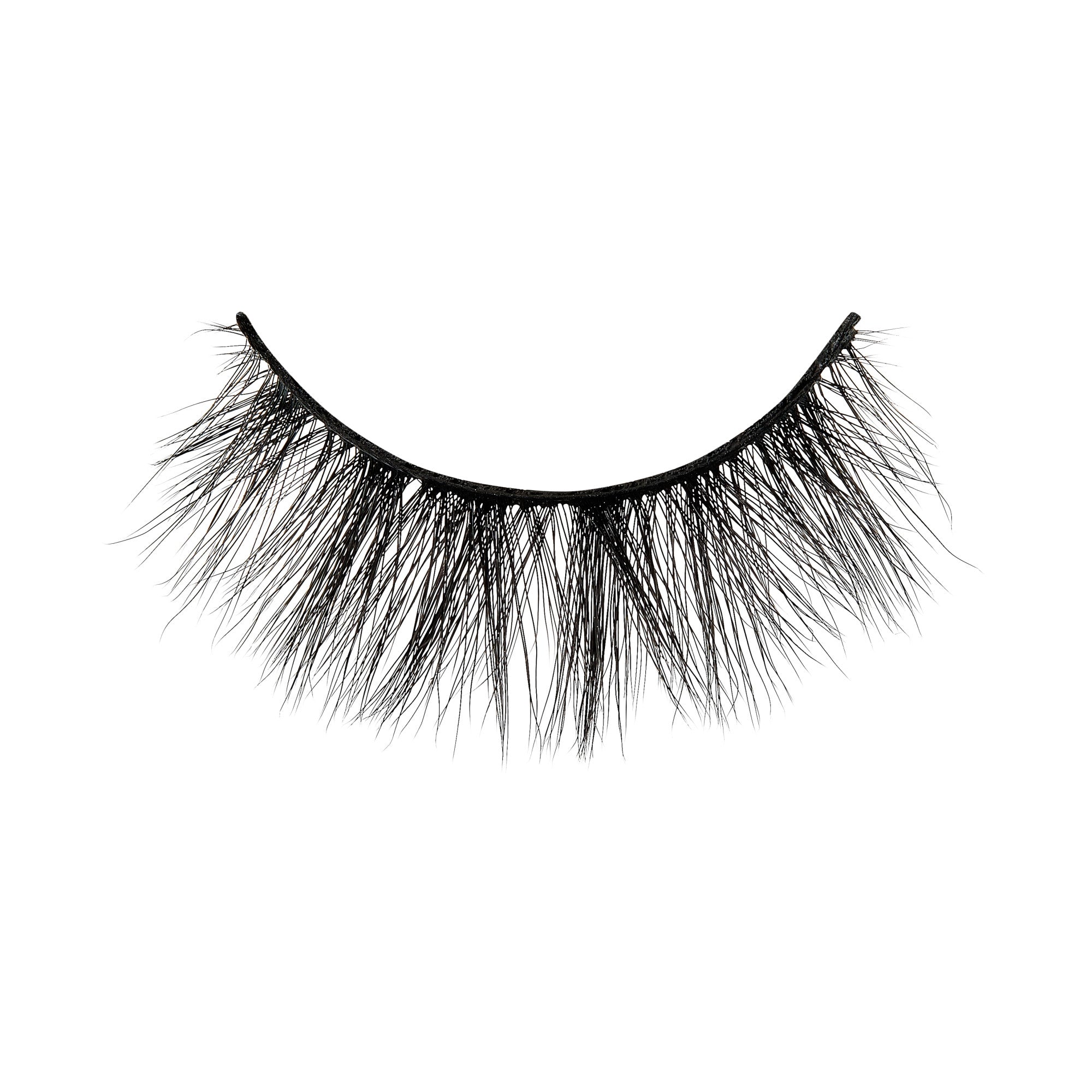 Pair of black false eyelashes with full, feathered lashes on curved band against white background.