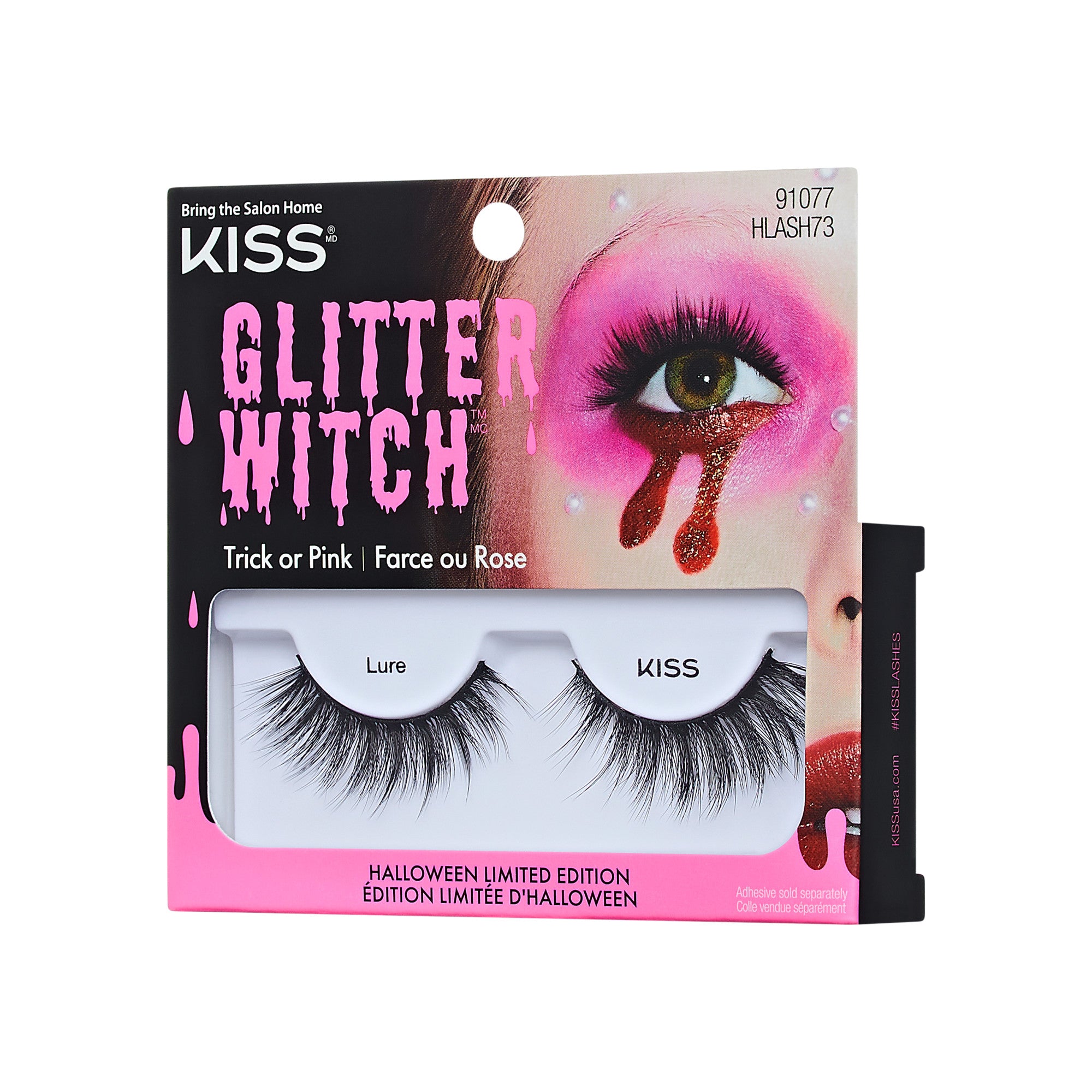 KISS Glitter Witch Halloween false eyelashes, style "Lure," pink and red packaging